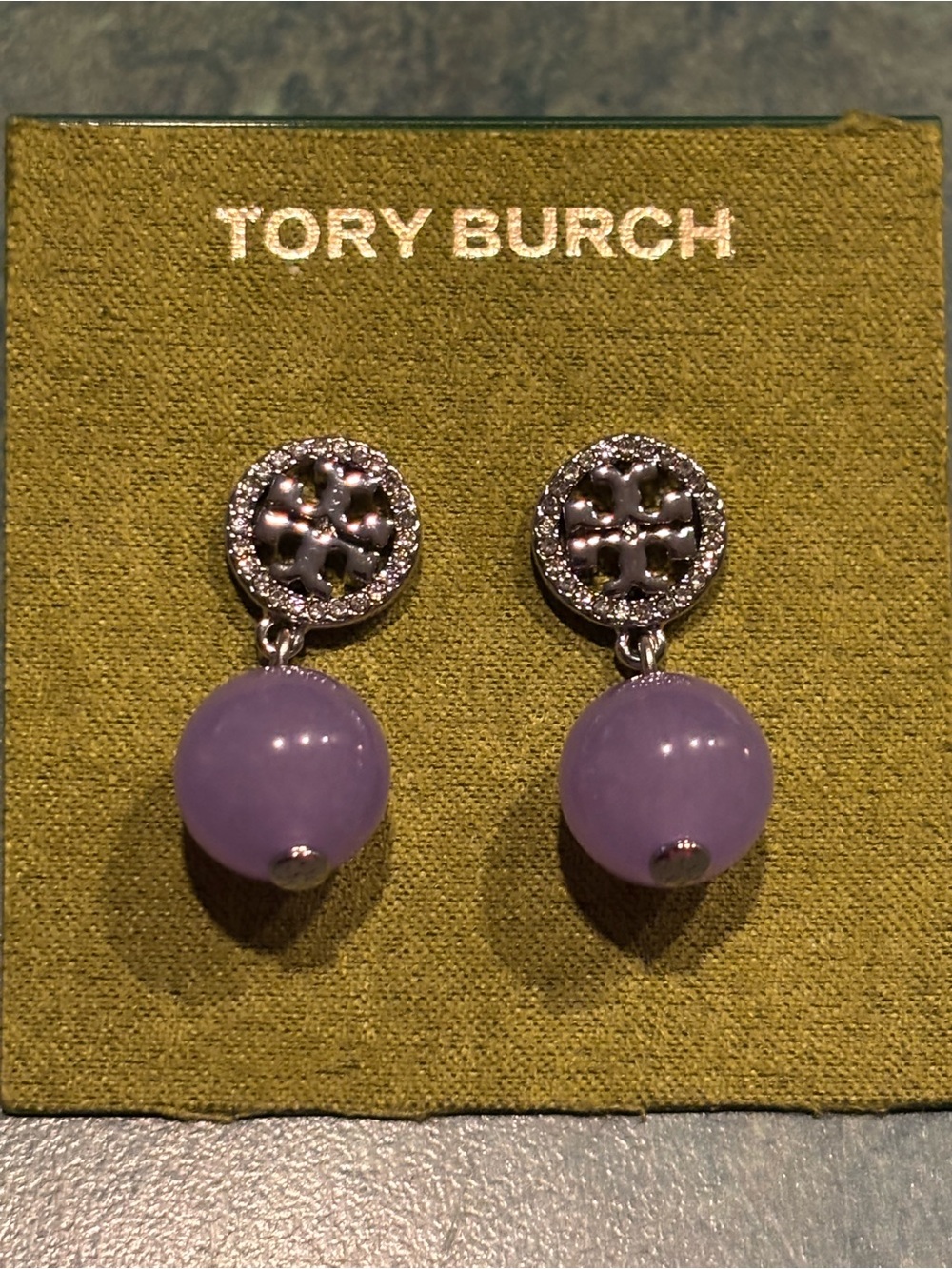 Brand new Tory Burch Lavender Logo Drop Earrings